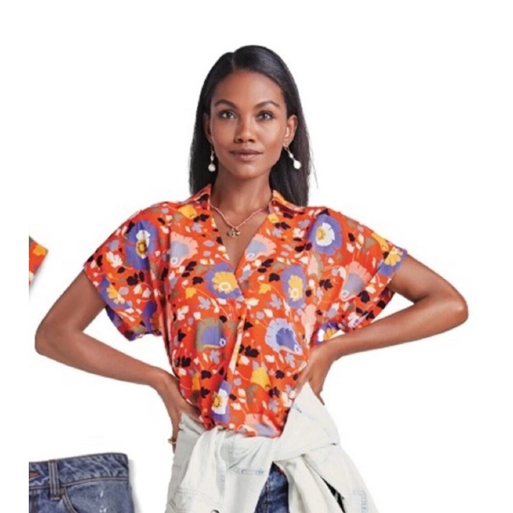 Cabi #5892 Visionary Replay Blouse Womens Orange Floral Size S Collared